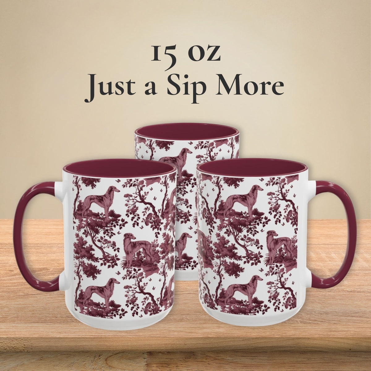 Silken Windhound petite cranberry toile 15 oz ceramic mug, left, front and right views