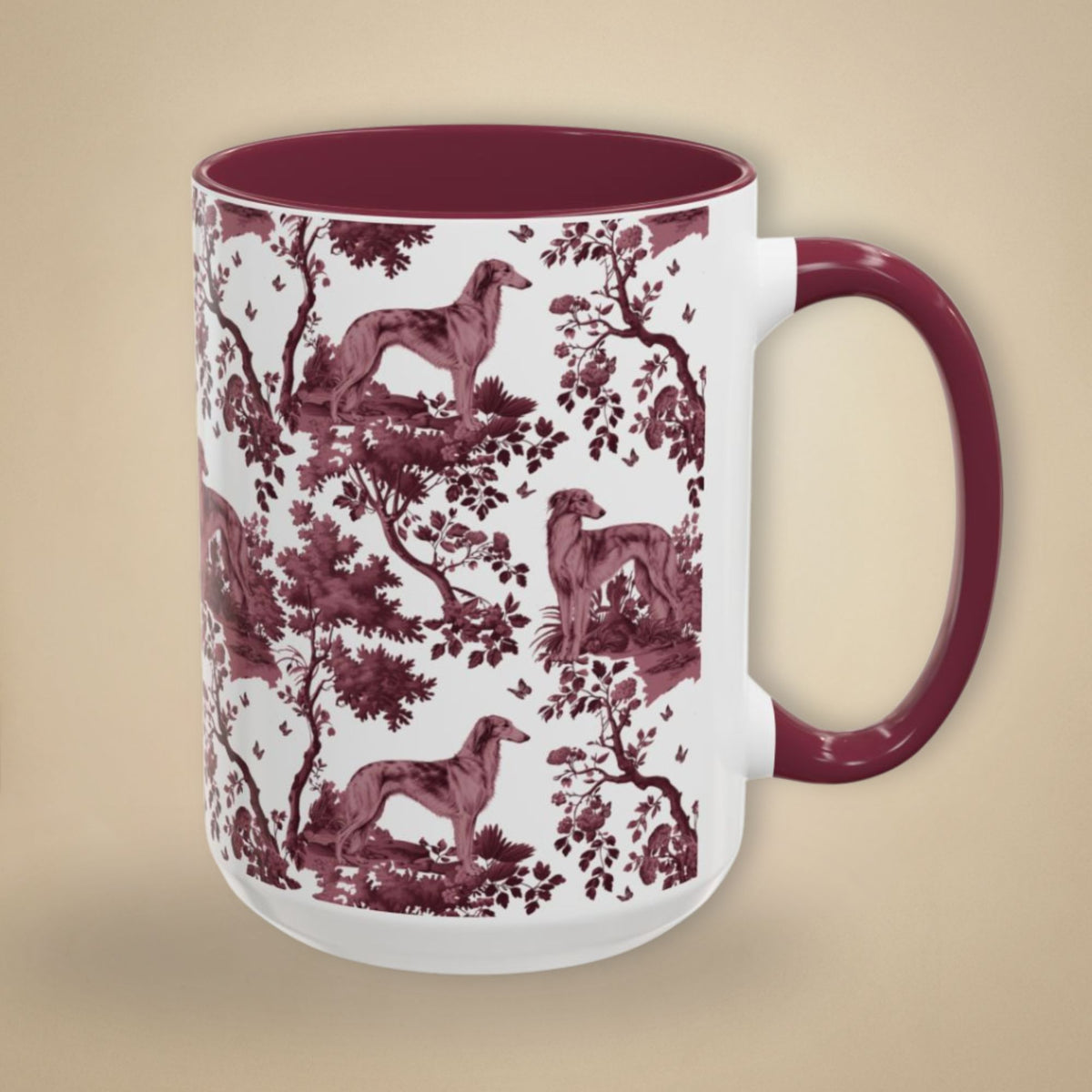Silken Windhound petite cranberry toile 15 oz ceramic mug, right view