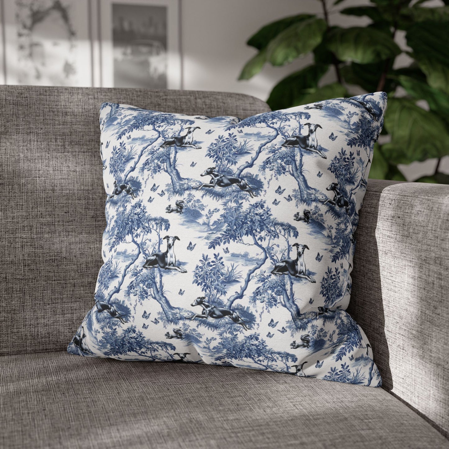 Italian Greyhound Pillow Cover - Blue Toile Pattern