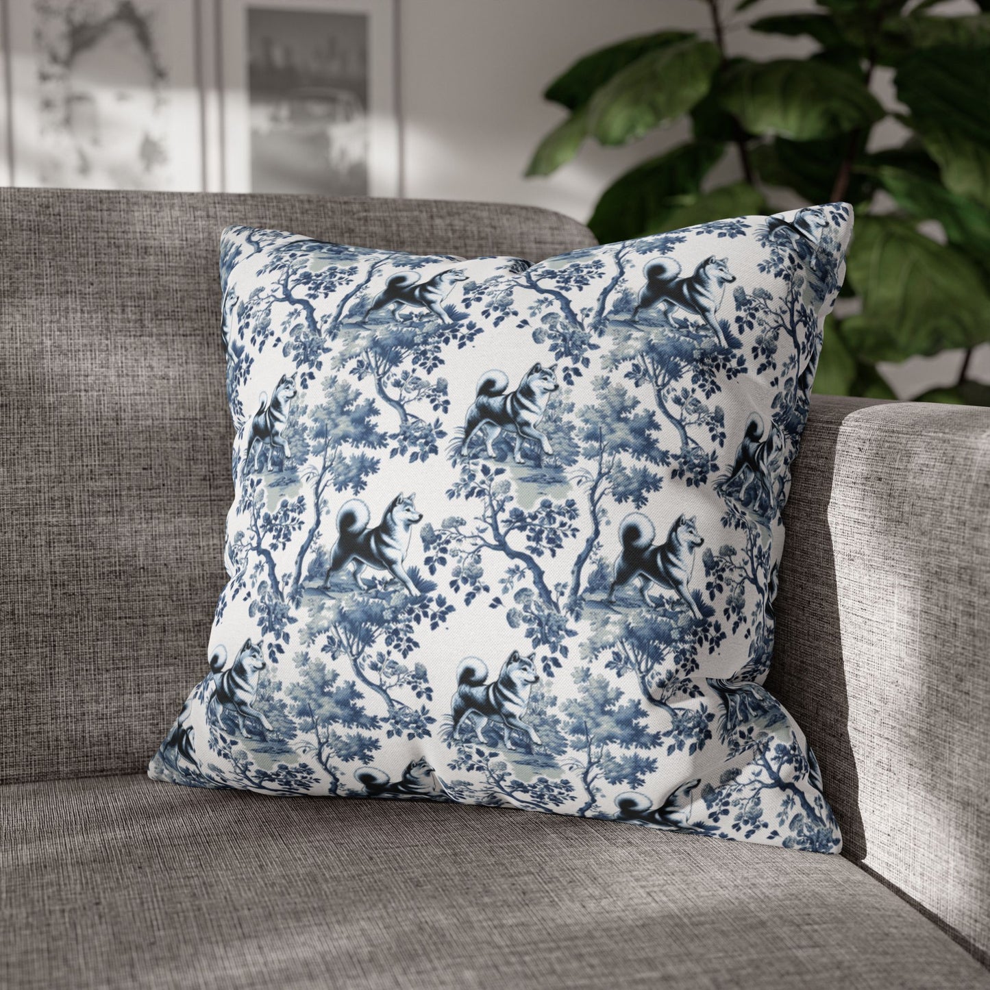 Shiba Inu Pillow Cover - Blue Toile Pattern