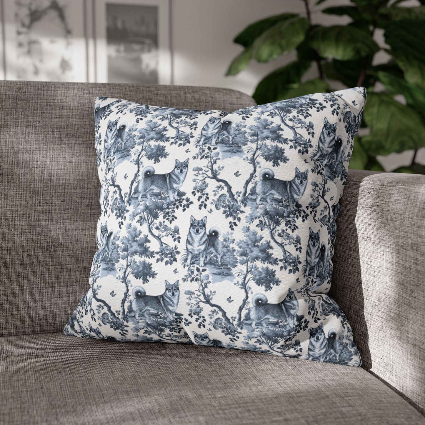 Swedish Vallhund Pillow Cover - Blue Toile Pattern