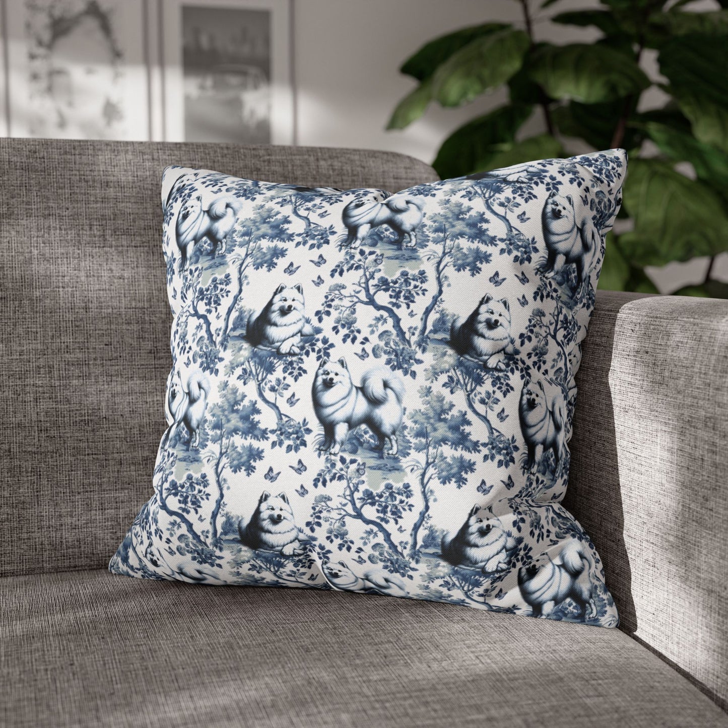American Eskimo Pillow Cover - Blue Toile Pattern