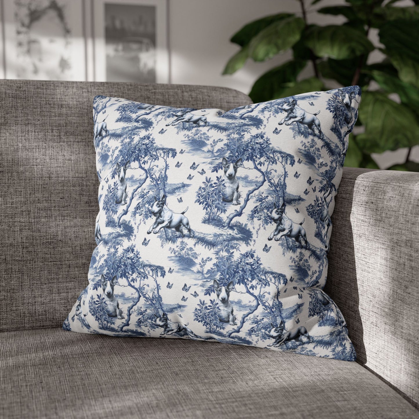 Bull Terrier Pillow Cover - Blue Toile Pattern