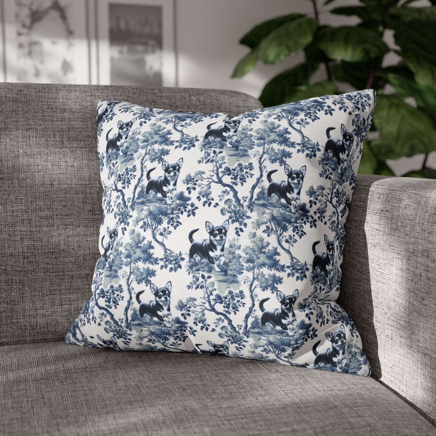 Chihuahua Pillow Cover - Blue Toile Pattern