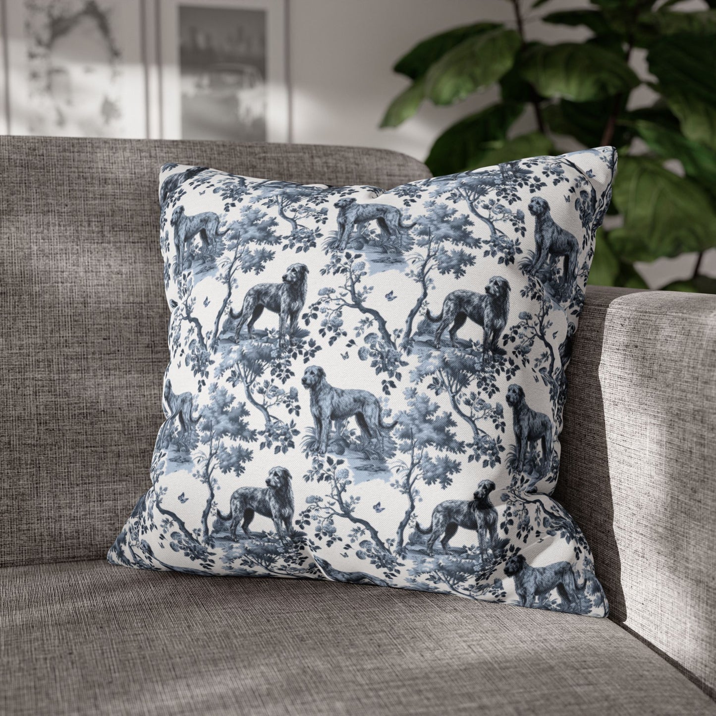 Irish Wolfhound Pillow Cover - Blue Toile Pattern