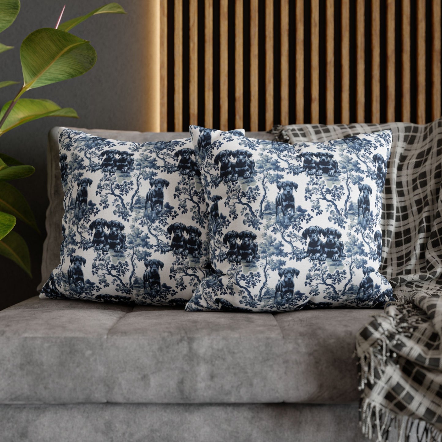 Doberman Puppy Pillow Cover - Blue Toile Pattern