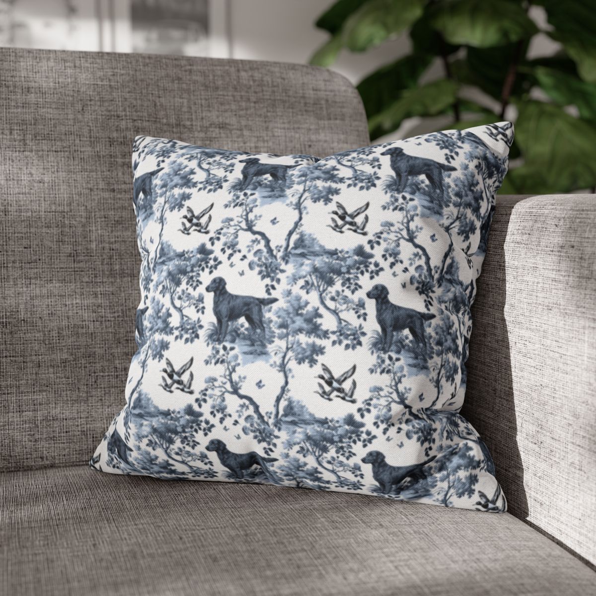 Flat-Coated Retriever Pillow Cover - Blue Toile Pattern