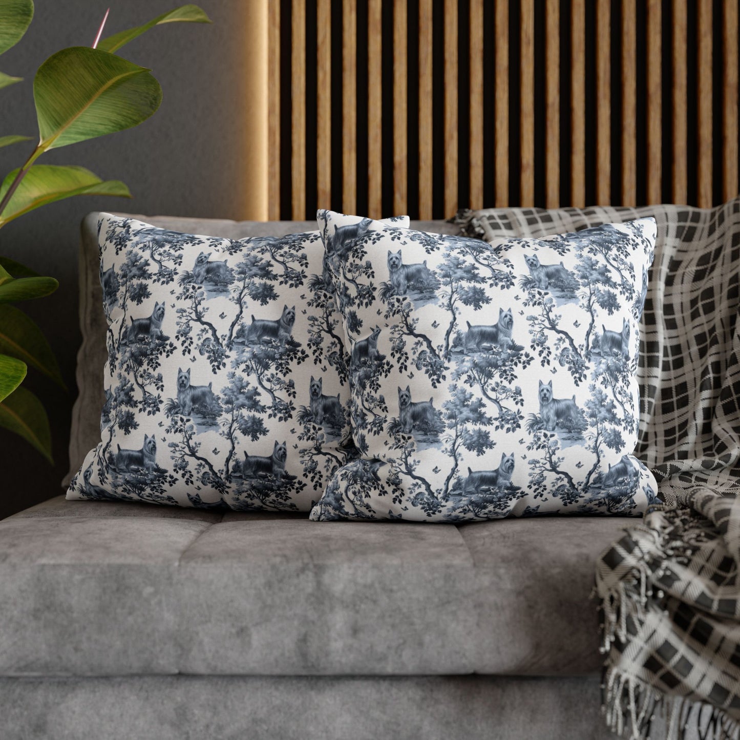 Silky Terrier Pillow Cover - Blue Toile Pattern