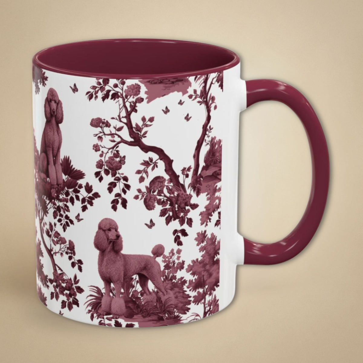Standard Poodle cranberry toile 11 oz ceramic mug, right view