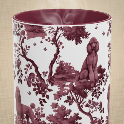 Standard Poodle cranberry toile 15 oz ceramic mug, front view