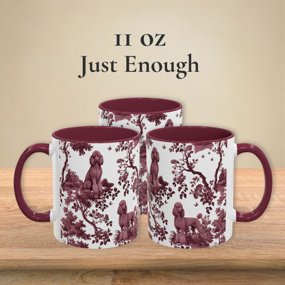 Standard Poodle cranberry toile 11 oz ceramic mug, left, front and right views