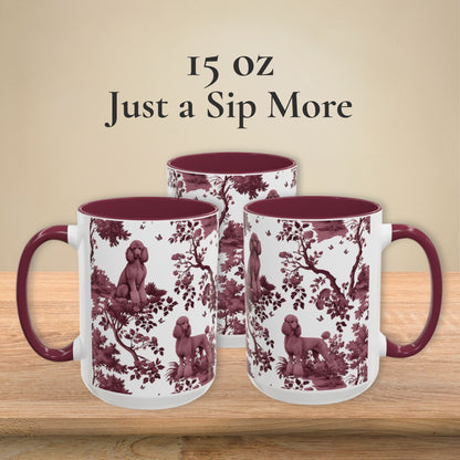 Standard Poodle cranberry toile 15 oz ceramic mug, left, front and right views