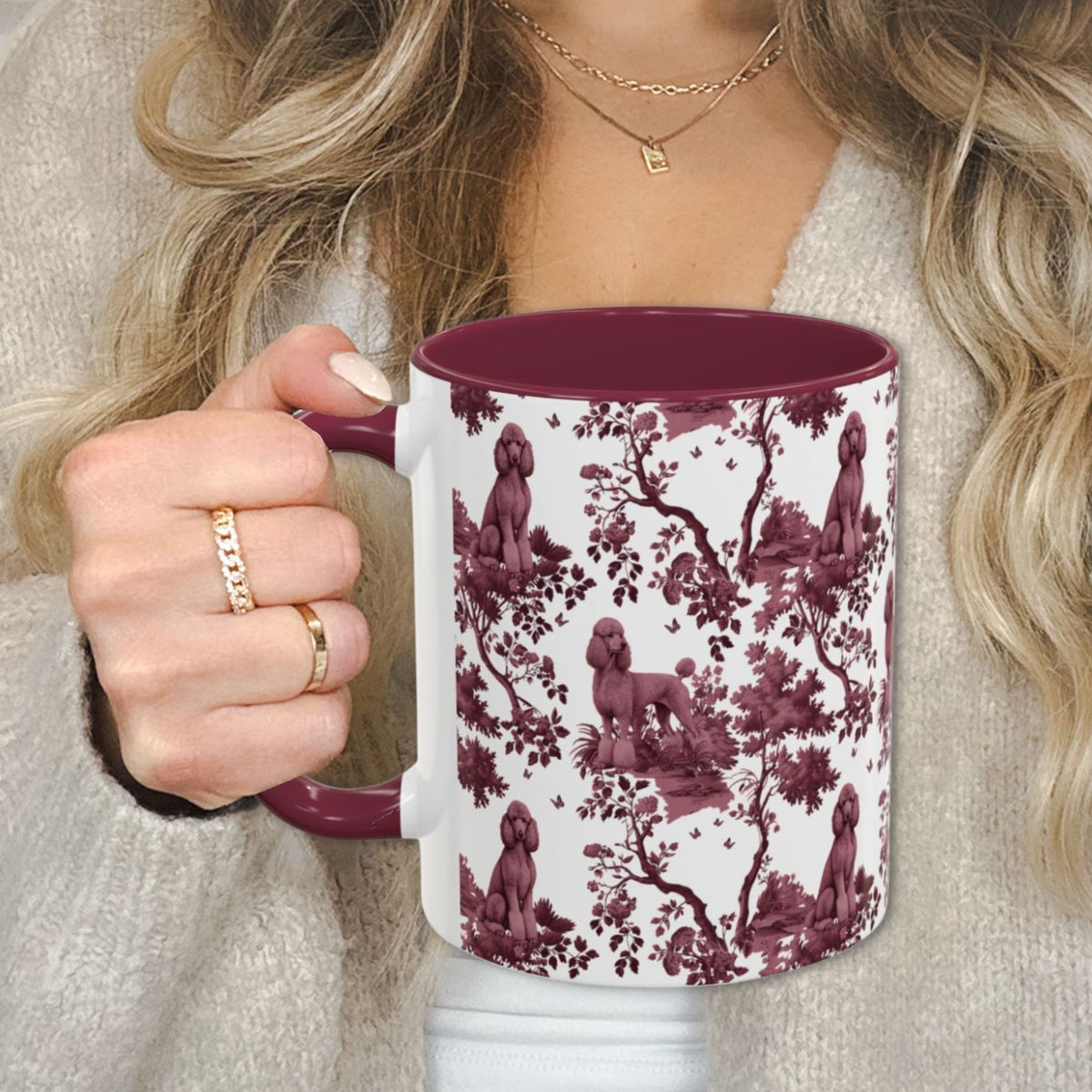 Standard Poodle petite cranberry toile 11 oz ceramic mug, left view