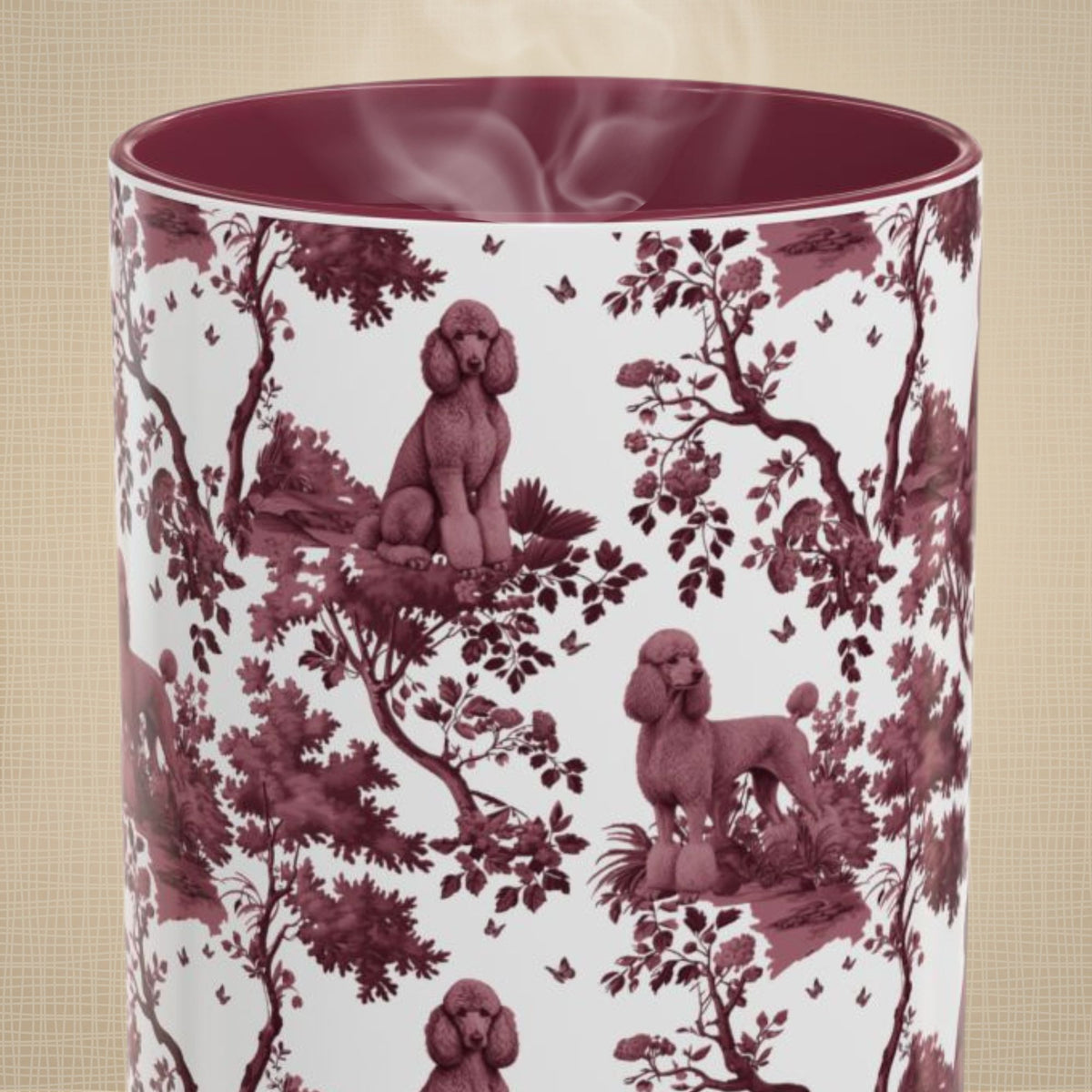 Standard Poodle petite cranberry toile 15 oz ceramic mug, front view