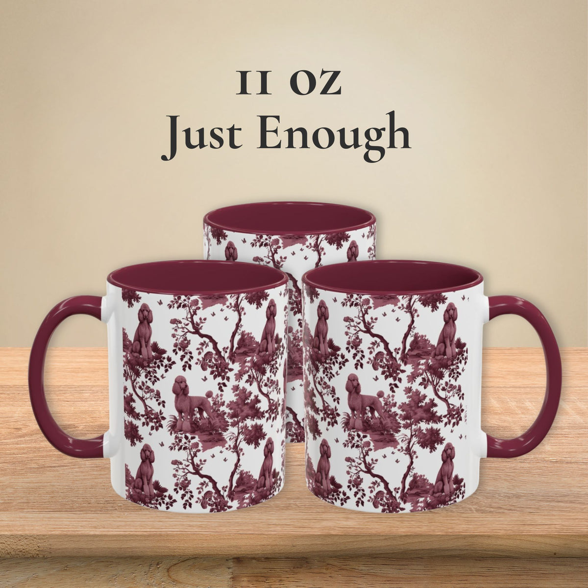 Standard Poodle petite cranberry toile 11 oz ceramic mug, left, front and right views