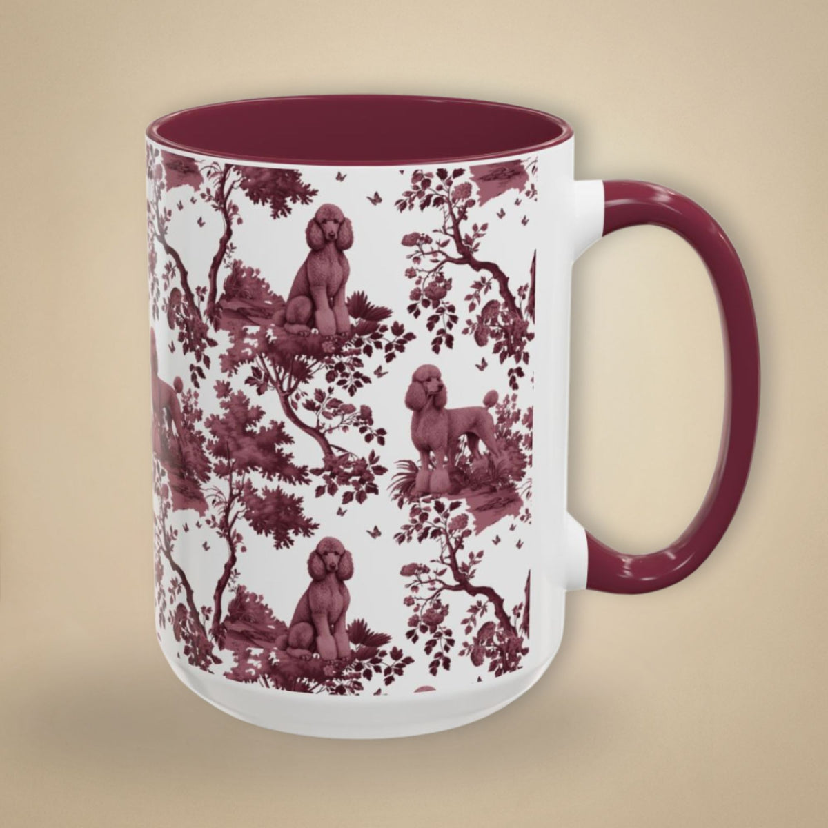Standard Poodle petite cranberry toile 15 oz ceramic mug, right view