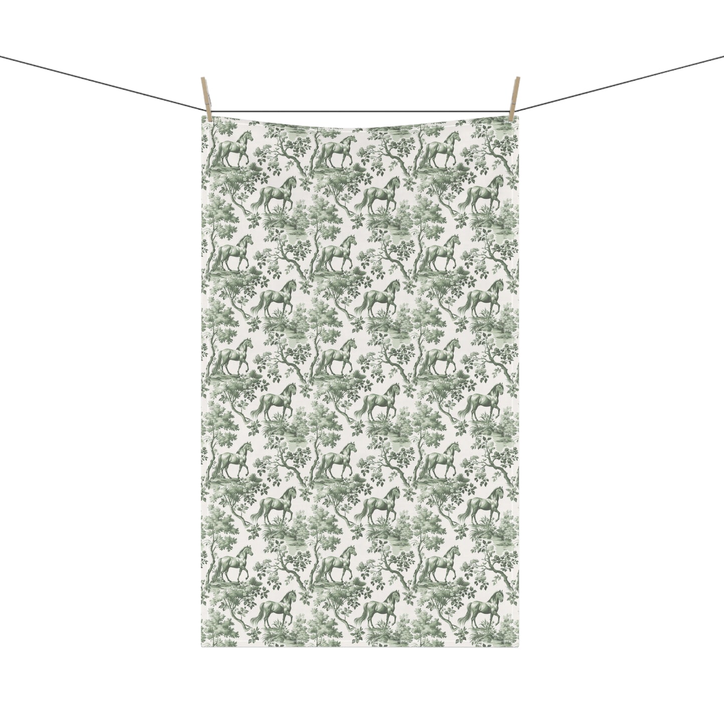 Horse Cotton Tea Towels - Sage Green Toile Pattern