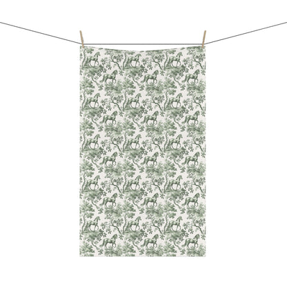 Horse Cotton Tea Towels - Sage Green Toile Pattern