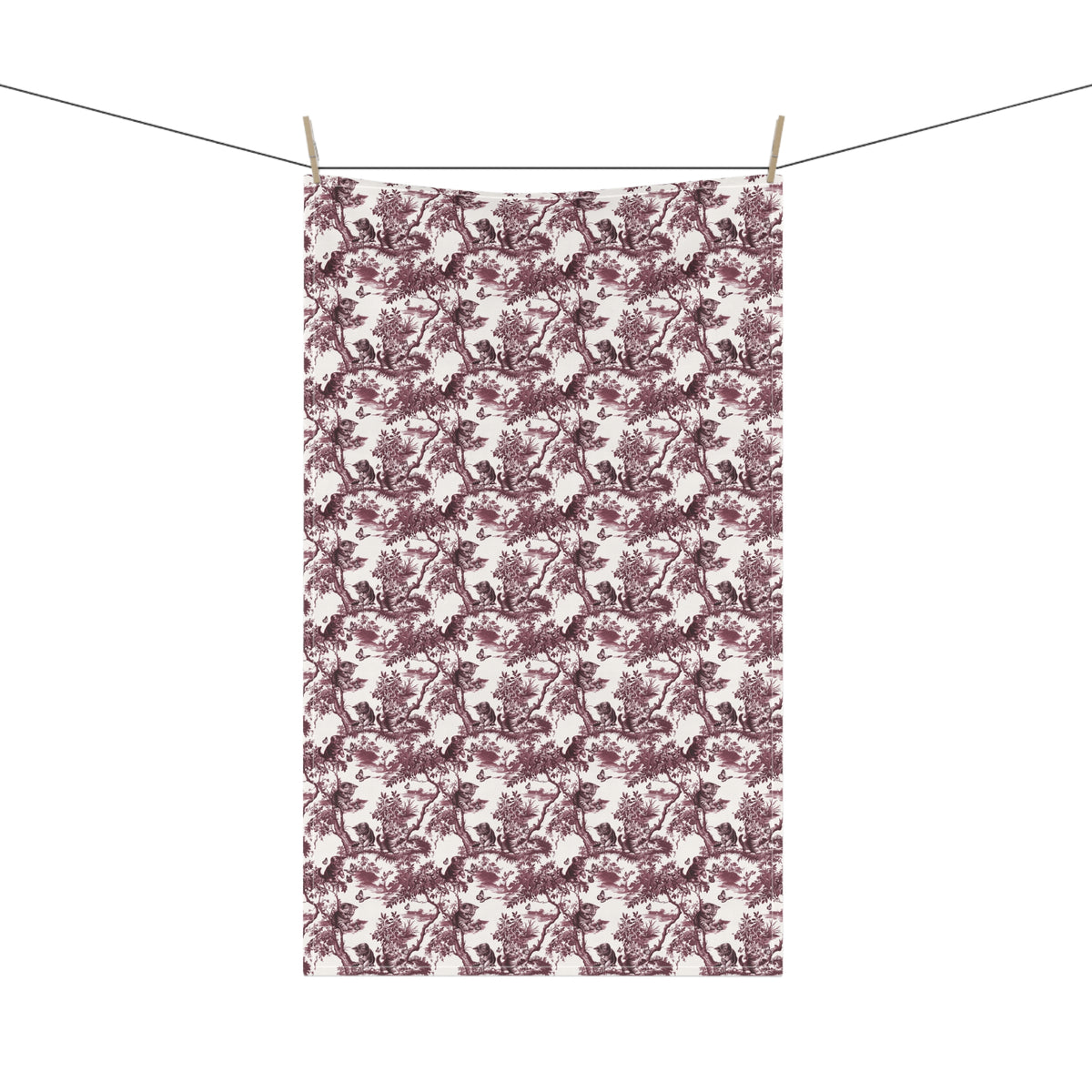 Cat Cranberry Toile tea towel