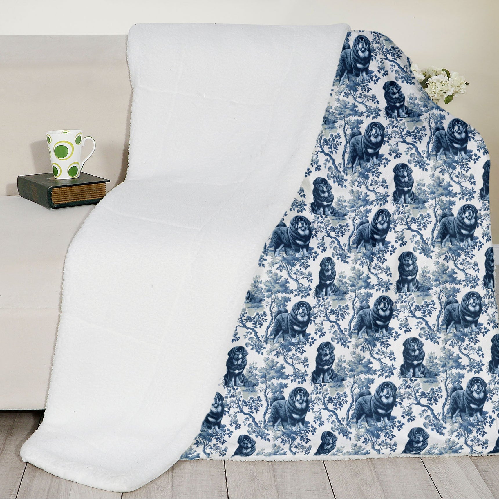 Blanket with Blue and white Toile Tibetan Mastiff pattern