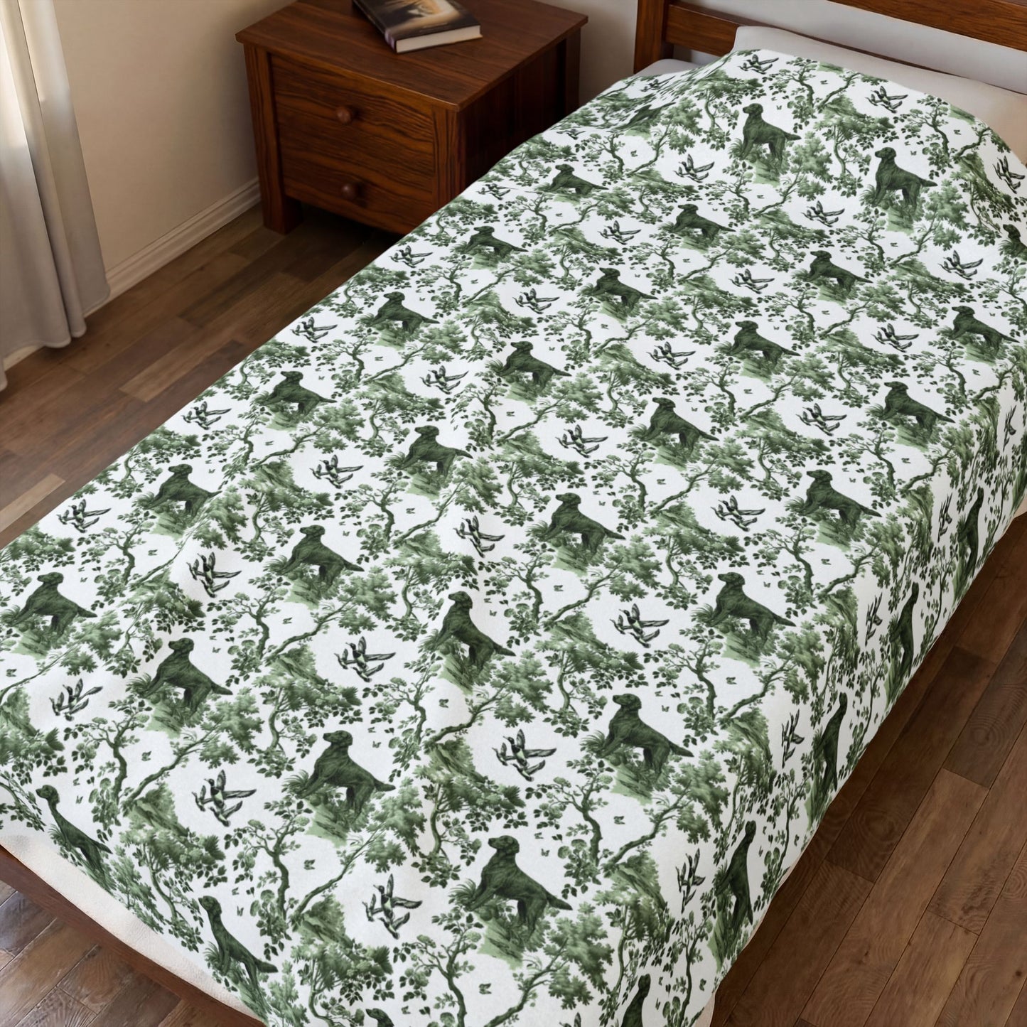 Flat-Coated Retriever Blanket - Sage Green Toile Pattern