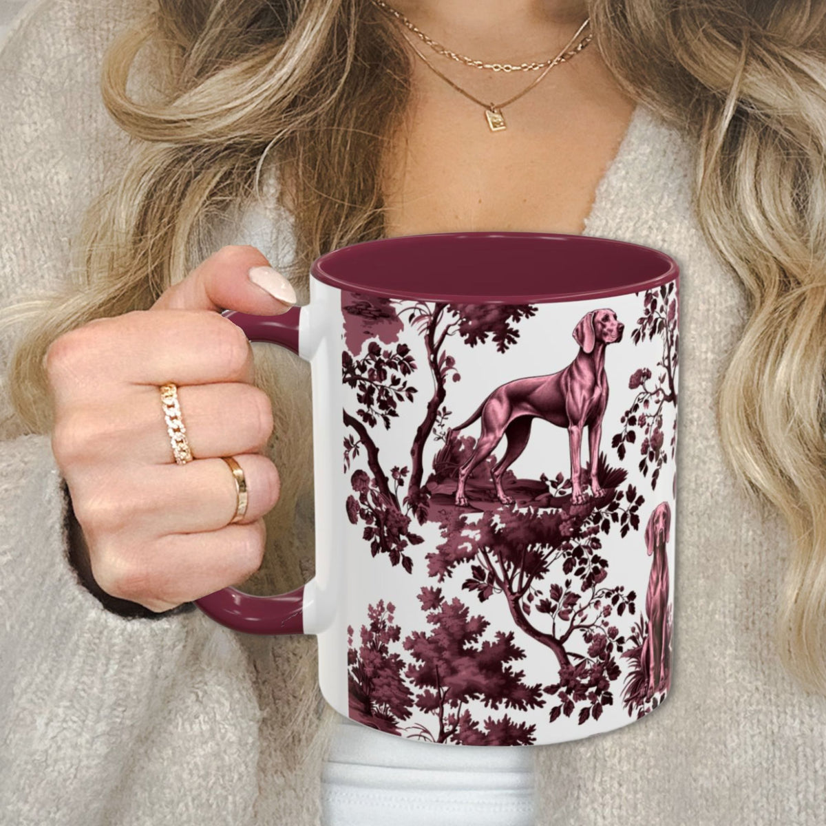 Weimaraner cranberry toile 11 oz ceramic mug, left view