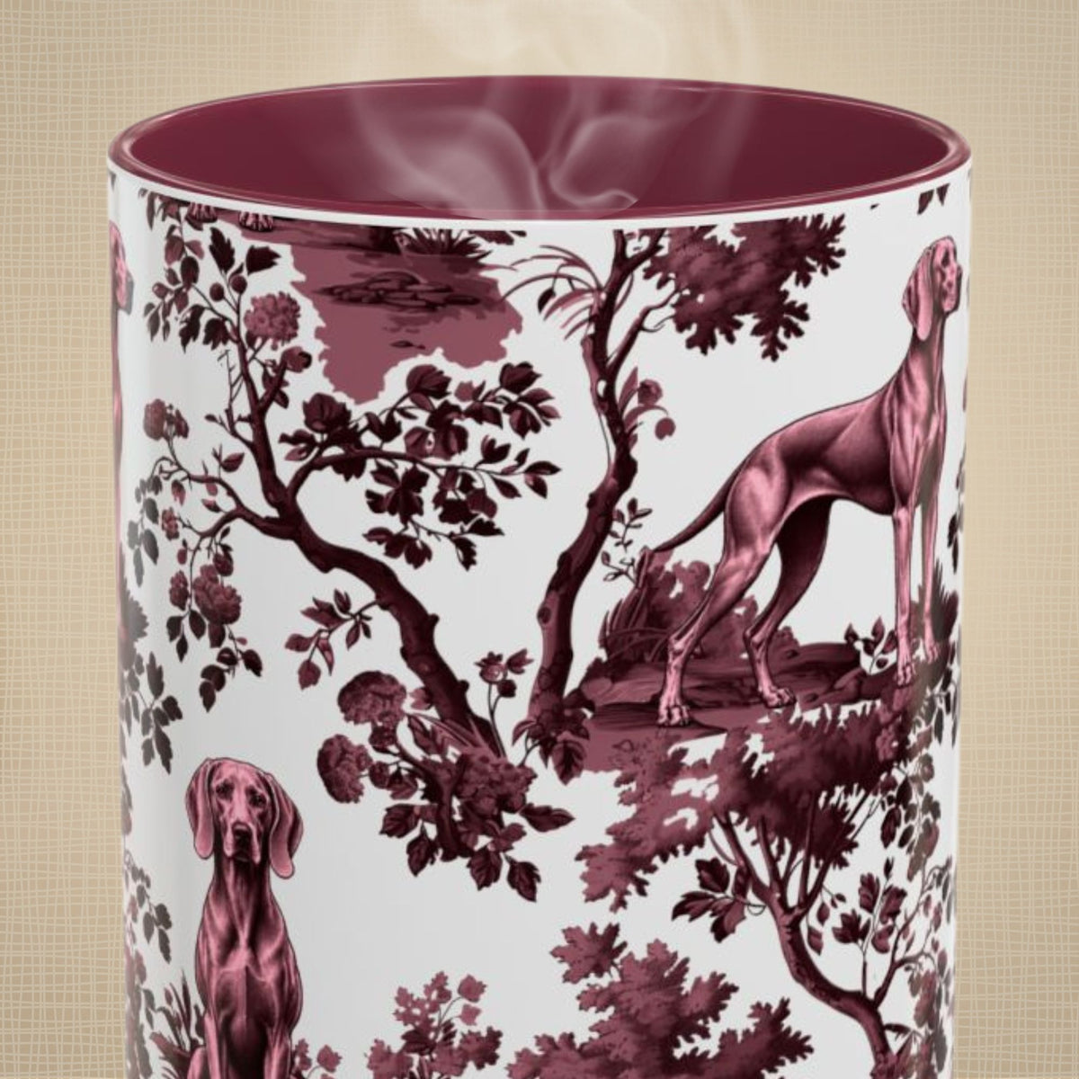 Weimaraner cranberry toile 15 oz ceramic mug, front view