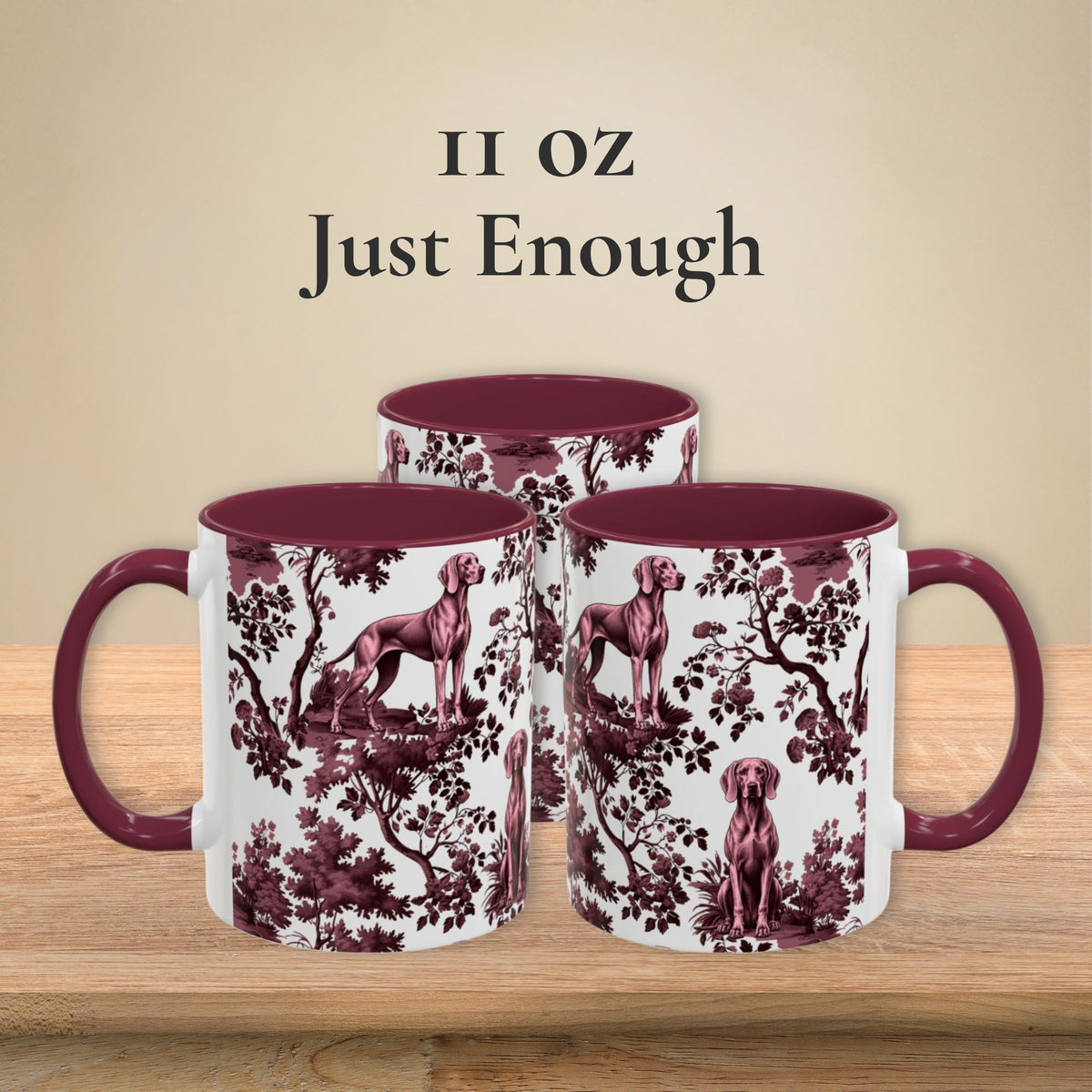 Weimaraner cranberry toile 11 oz ceramic mug, left, front and right views
