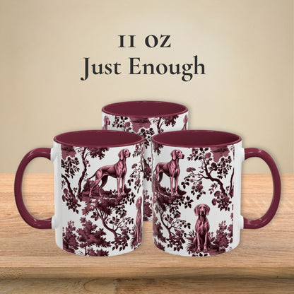 Weimaraner cranberry toile 11 oz ceramic mug, left, front and right views