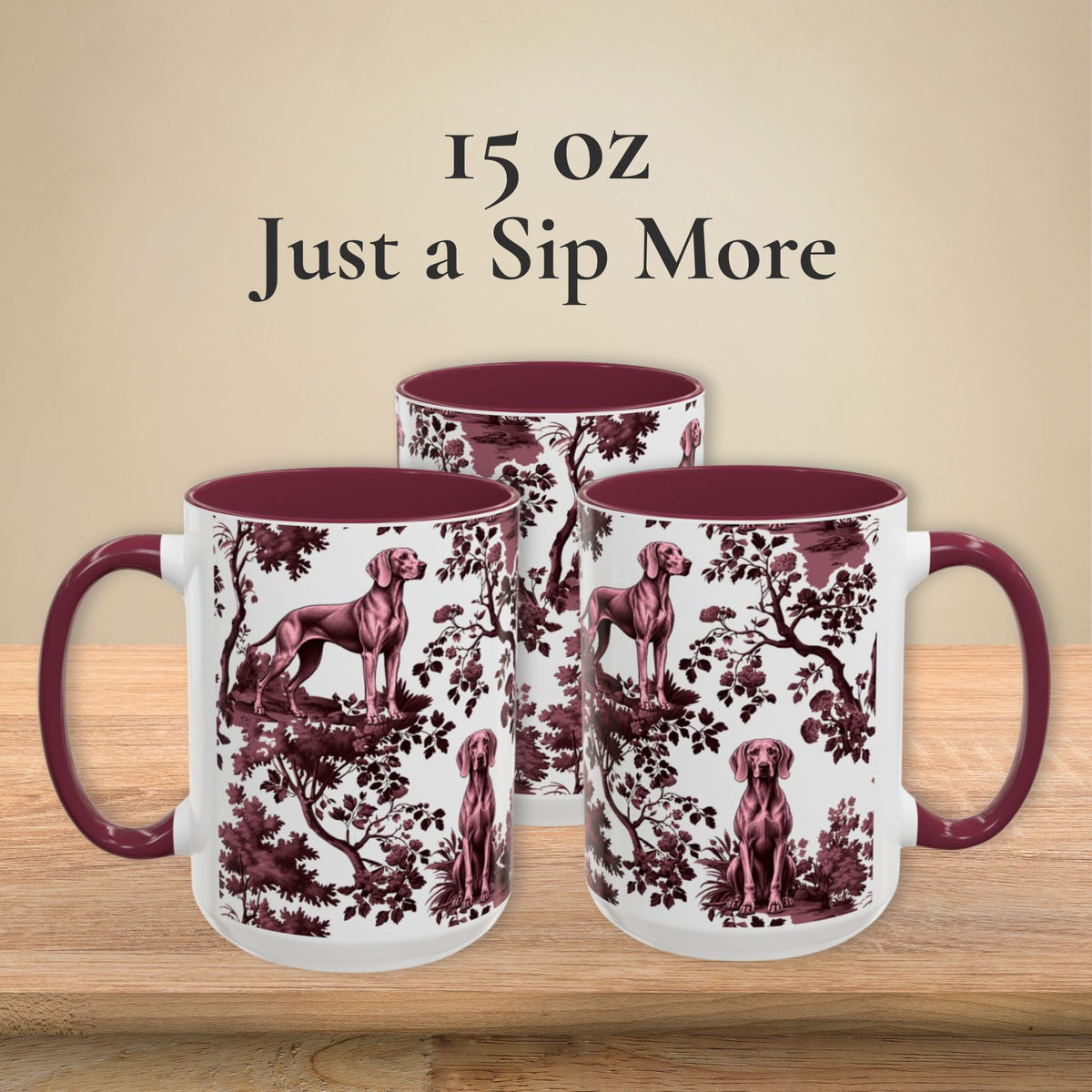 Weimaraner cranberry toile 15 oz ceramic mug, left, front and right views