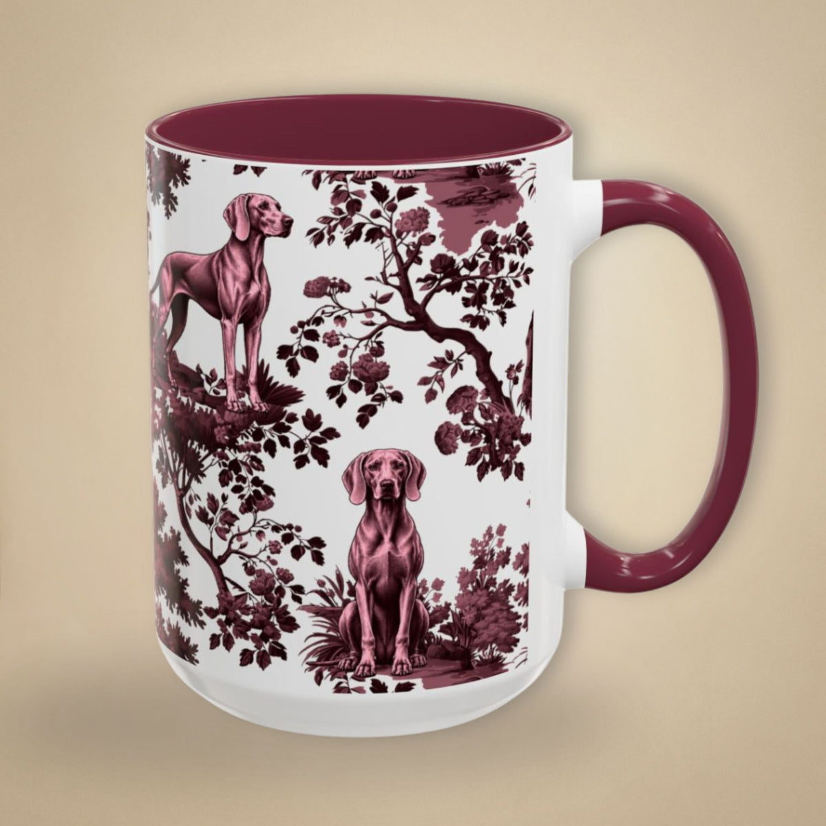 Weimaraner cranberry toile 15 oz ceramic mug, right view