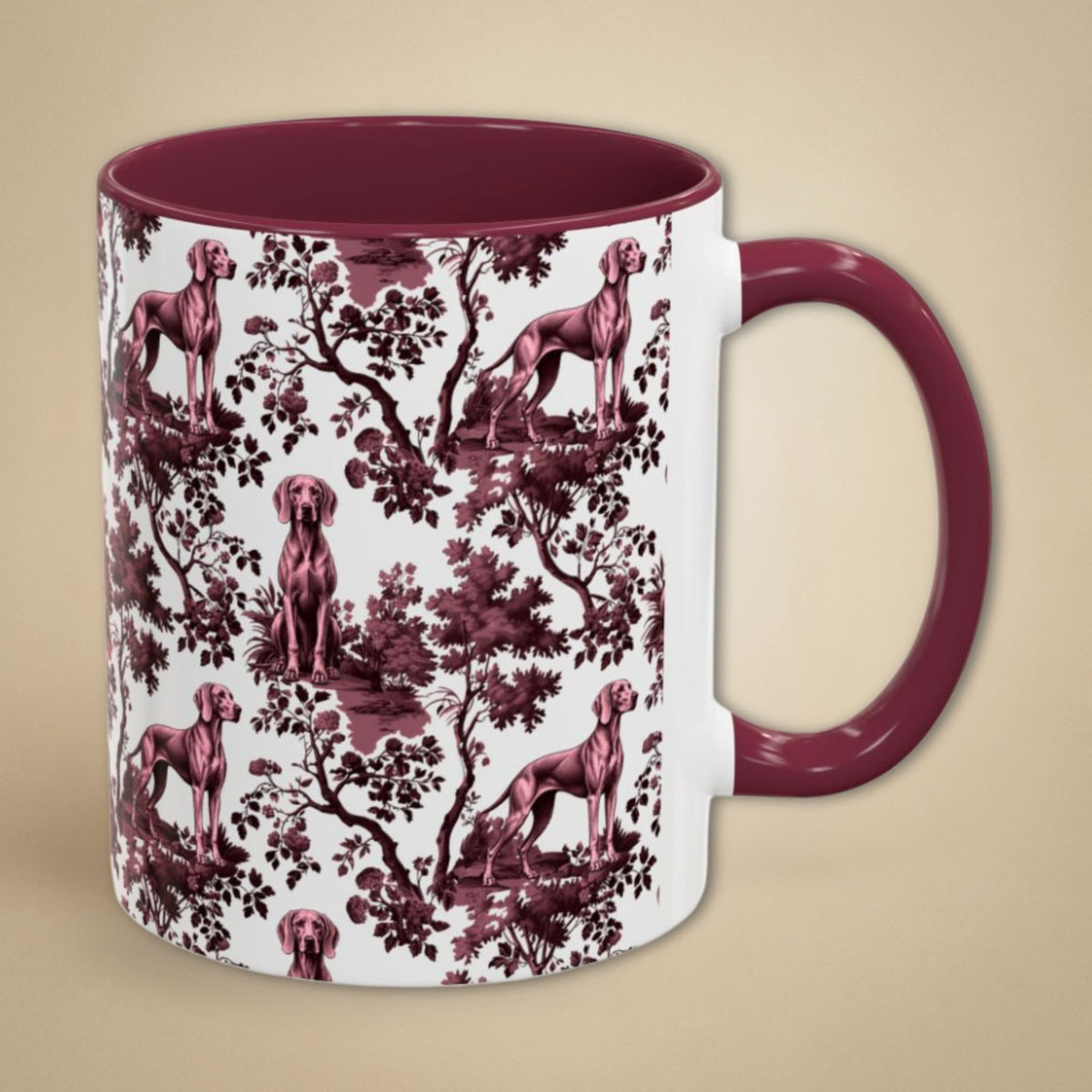Weimaraner petite cranberry toile 11 oz ceramic mug, right view