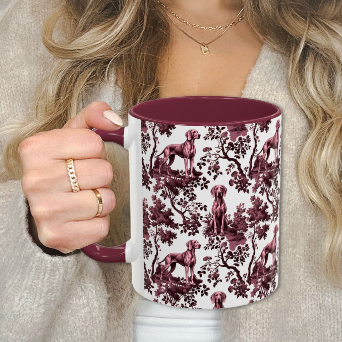 Weimaraner petite cranberry toile 11 oz ceramic mug, left view