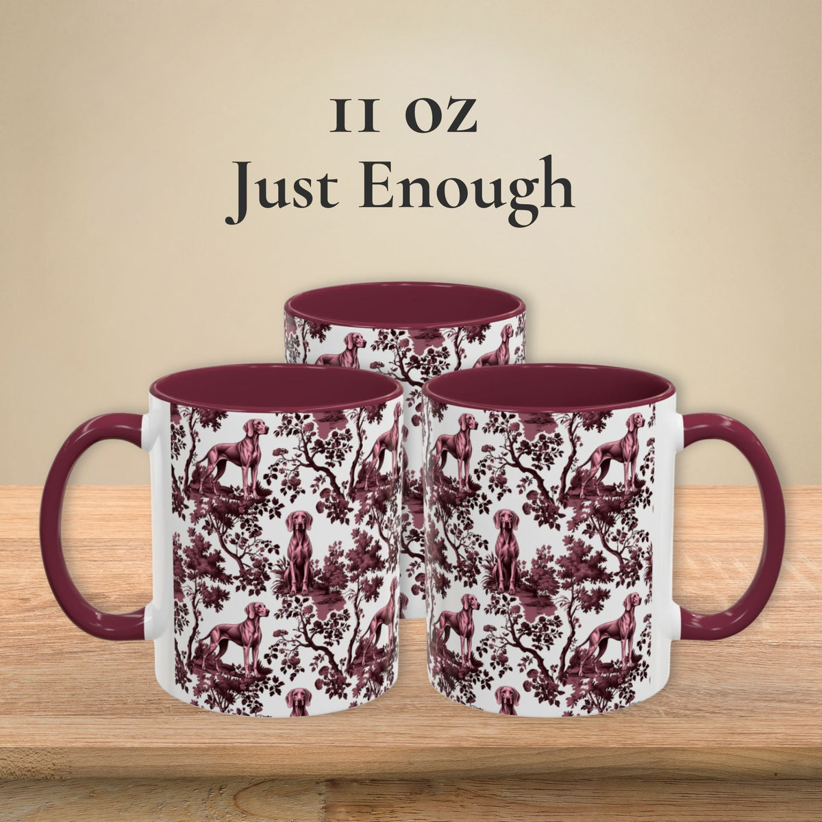 Weimaraner petite cranberry toile 11 oz ceramic mug, left, front and right views