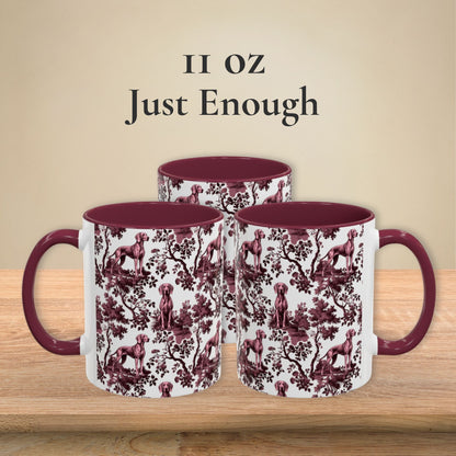 Weimaraner petite cranberry toile 11 oz ceramic mug, left, front and right views
