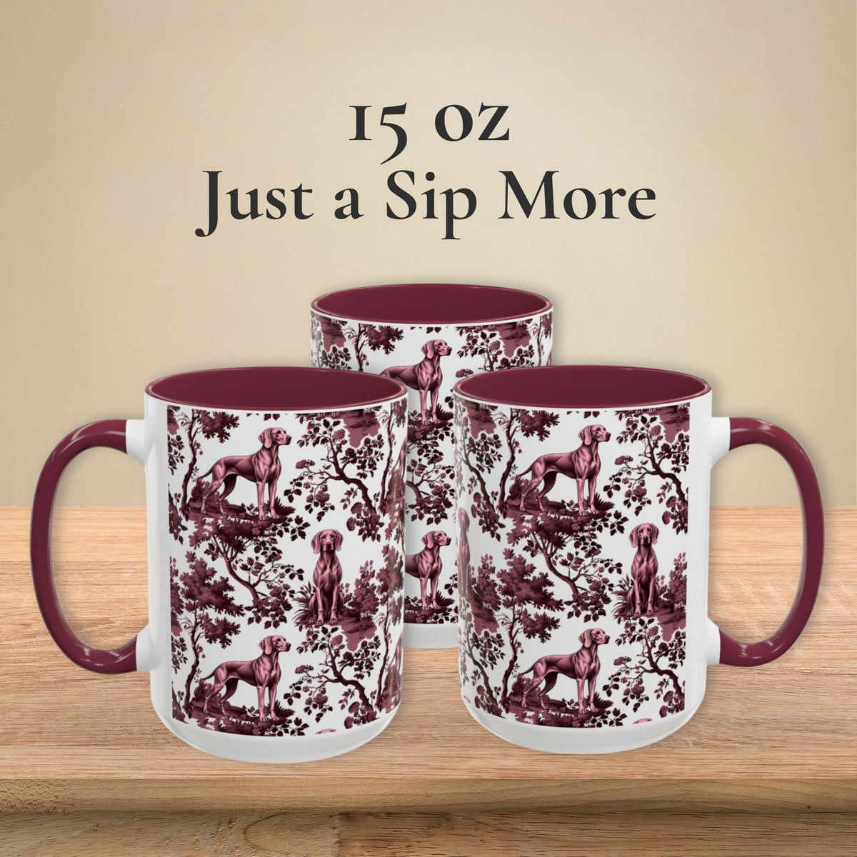 Weimaraner petite cranberry toile 15 oz ceramic mug, left, front and right views