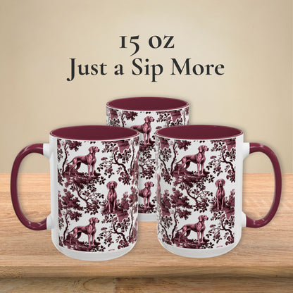 Weimaraner petite cranberry toile 15 oz ceramic mug, left, front and right views